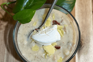 Potato Soup in a bowl with cheese sour cream and bacon